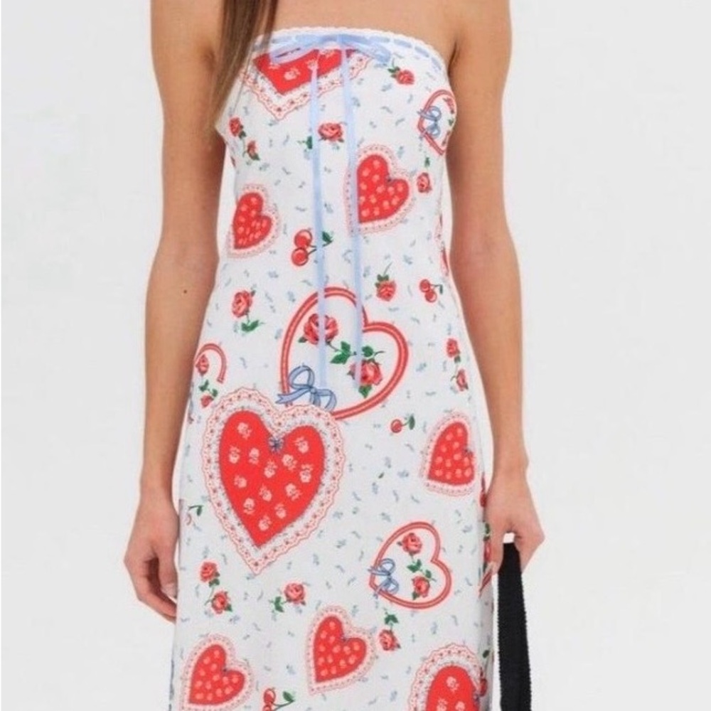For Love & Lemons Daisy Mae Strapless Anthropologie Dress with Red Heart Print